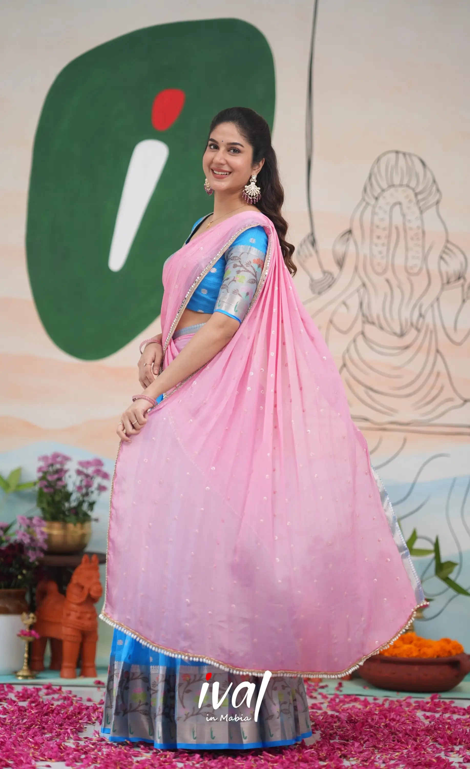 Sayuri Kota Halfsaree - Sky Blue and Baby Pink Half Sarees