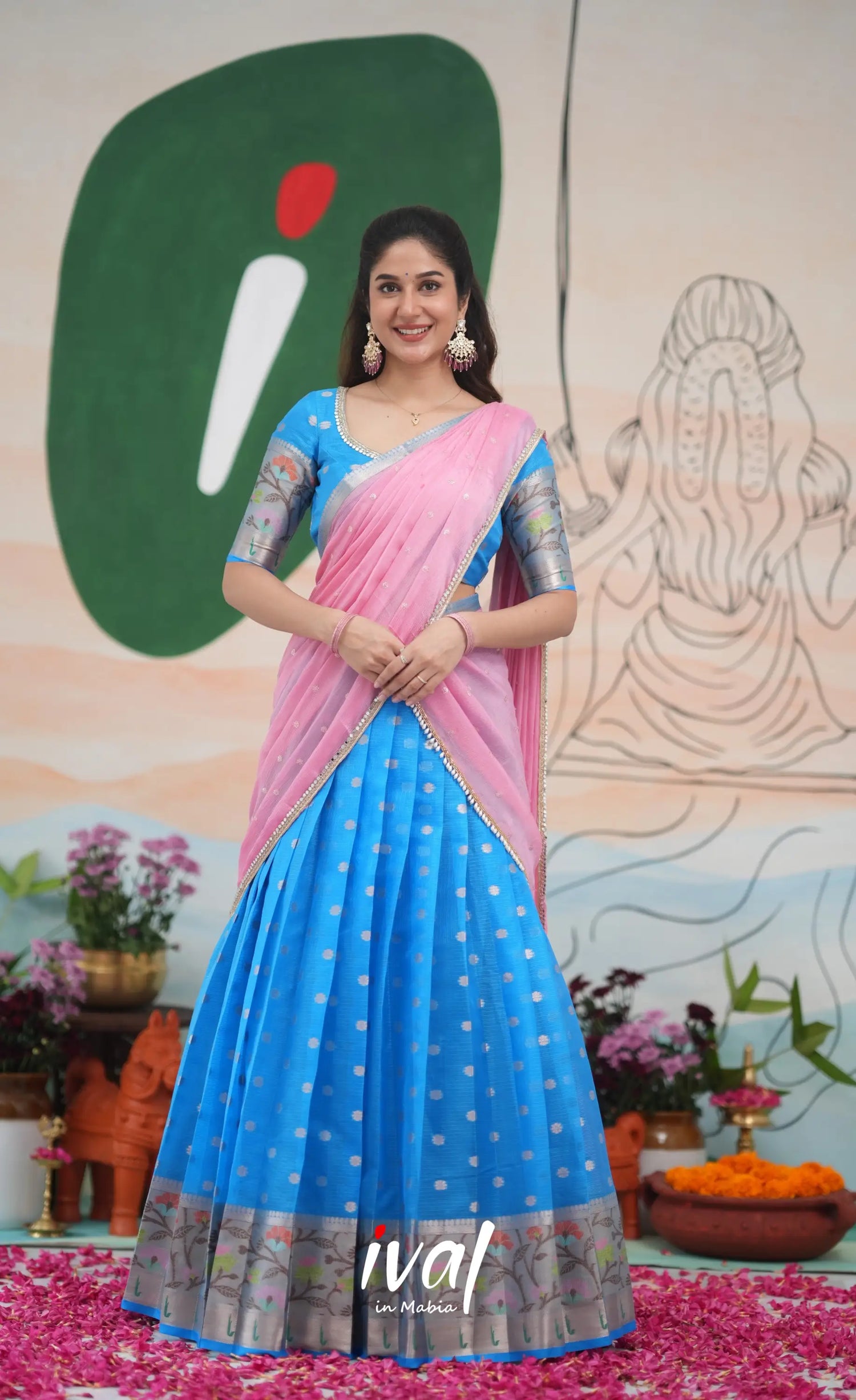 Sayuri Kota Halfsaree - Sky Blue and Baby Pink Half Sarees