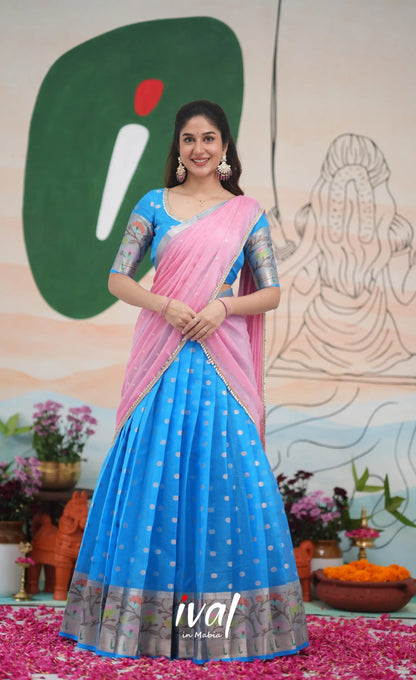 Sayuri Kota Halfsaree - Sky Blue and Baby Pink Half Sarees