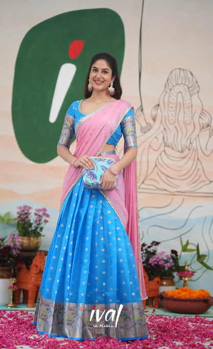 Sayuri Kota Halfsaree - Sky Blue and Baby Pink Half Sarees