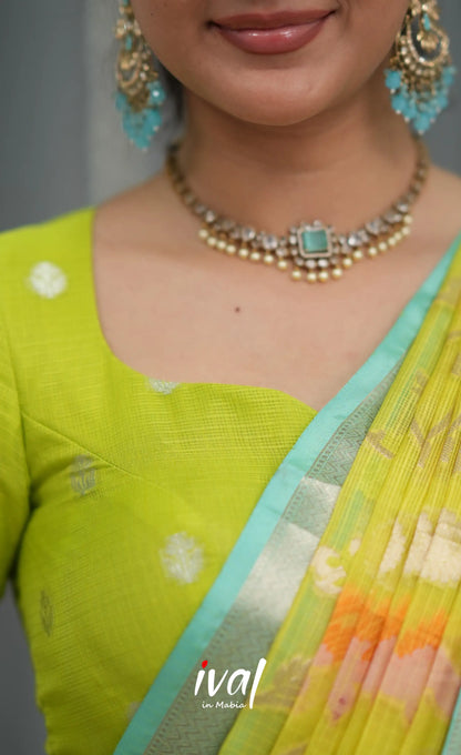 Sayuri Kota Halfsaree - Sky Blue and Neon Green Half Sarees