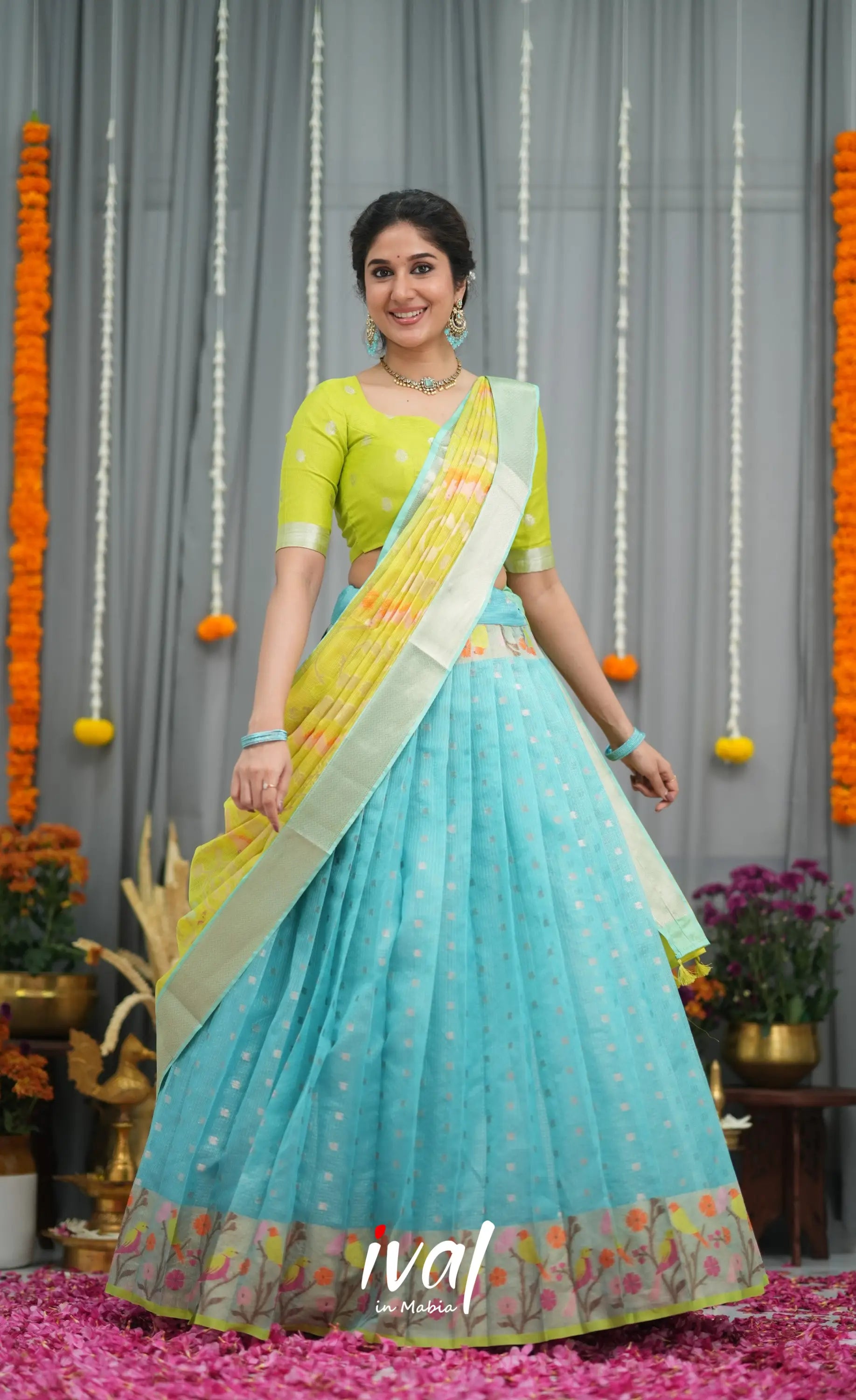 Sayuri Kota Halfsaree - Sky Blue and Neon Green Half Sarees