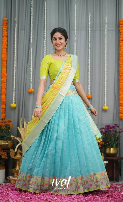 Sayuri Kota Halfsaree - Sky Blue and Neon Green Half Sarees