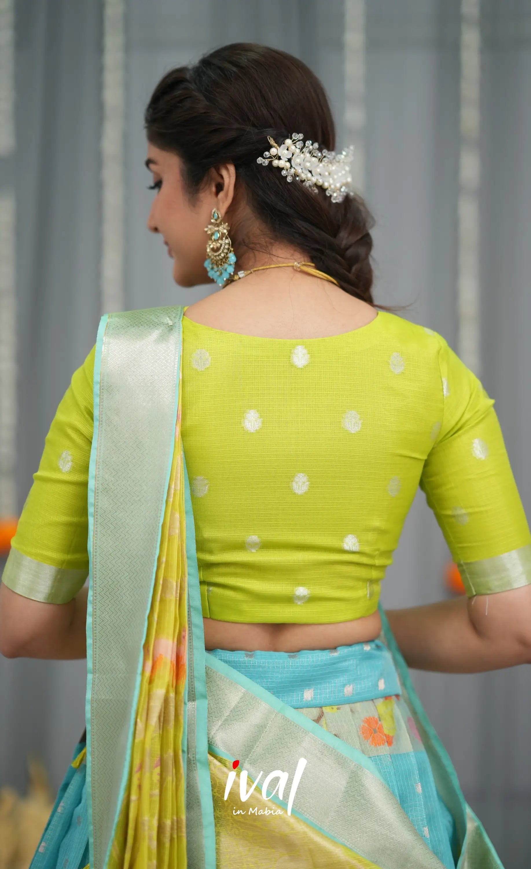 Sayuri Kota Halfsaree - Sky Blue and Neon Green Half Sarees