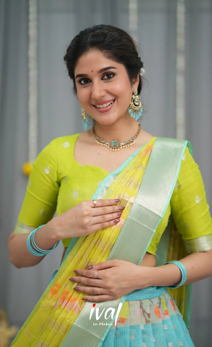 Sayuri Kota Halfsaree - Sky Blue and Neon Green Half Sarees