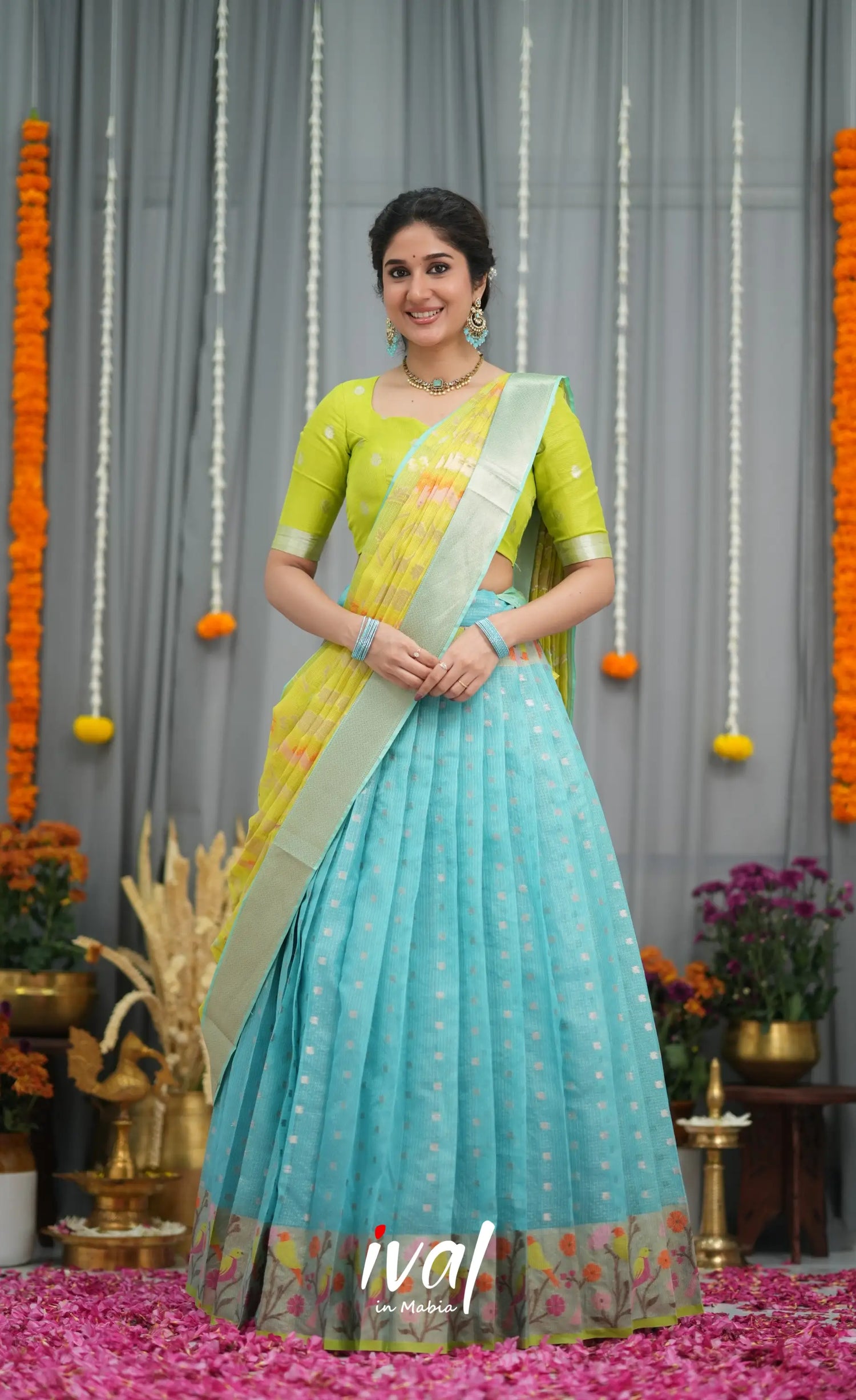 Sayuri Kota Halfsaree - Sky Blue and Neon Green Half Sarees