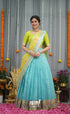 Sayuri Kota Halfsaree - Sky Blue and Neon Green Half Sarees