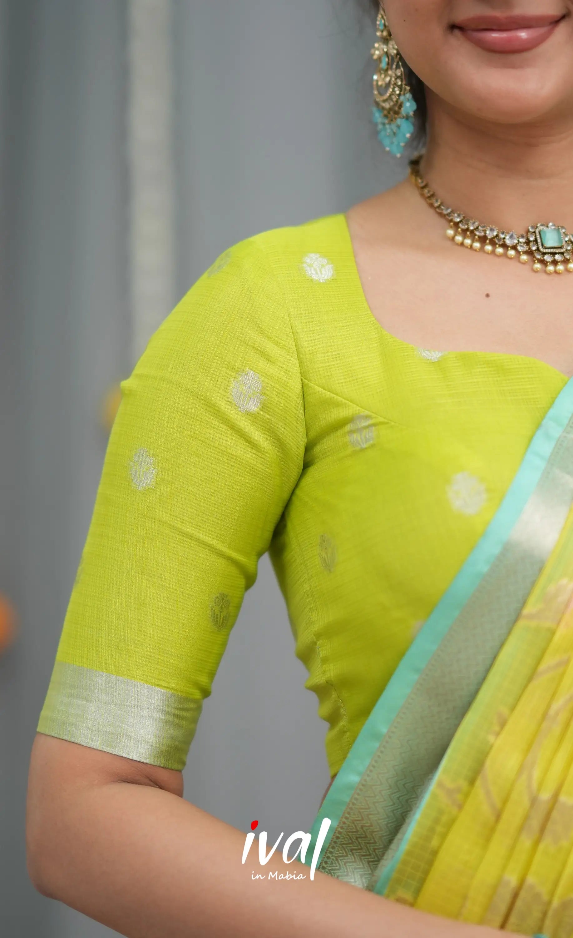 Sayuri Kota Halfsaree - Sky Blue and Neon Green Half Sarees