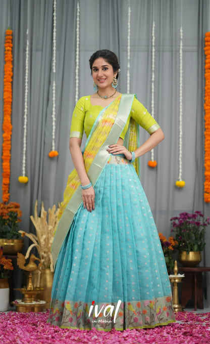 Sayuri Kota Halfsaree - Sky Blue and Neon Green Half Sarees