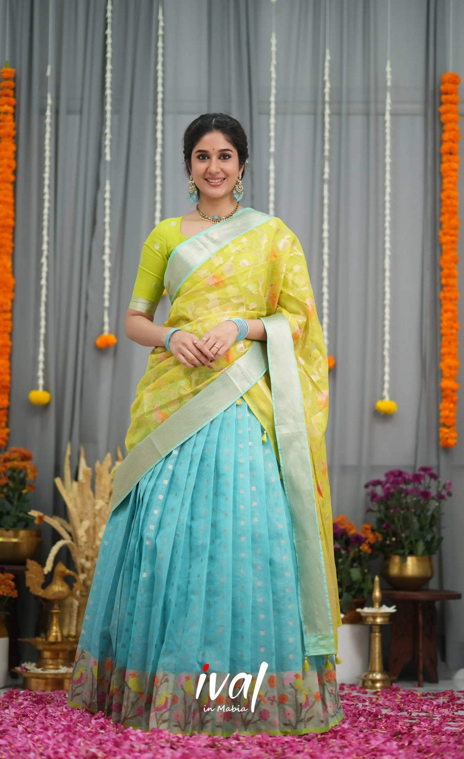 Sayuri Kota Halfsaree - Sky Blue and Neon Green Half Sarees