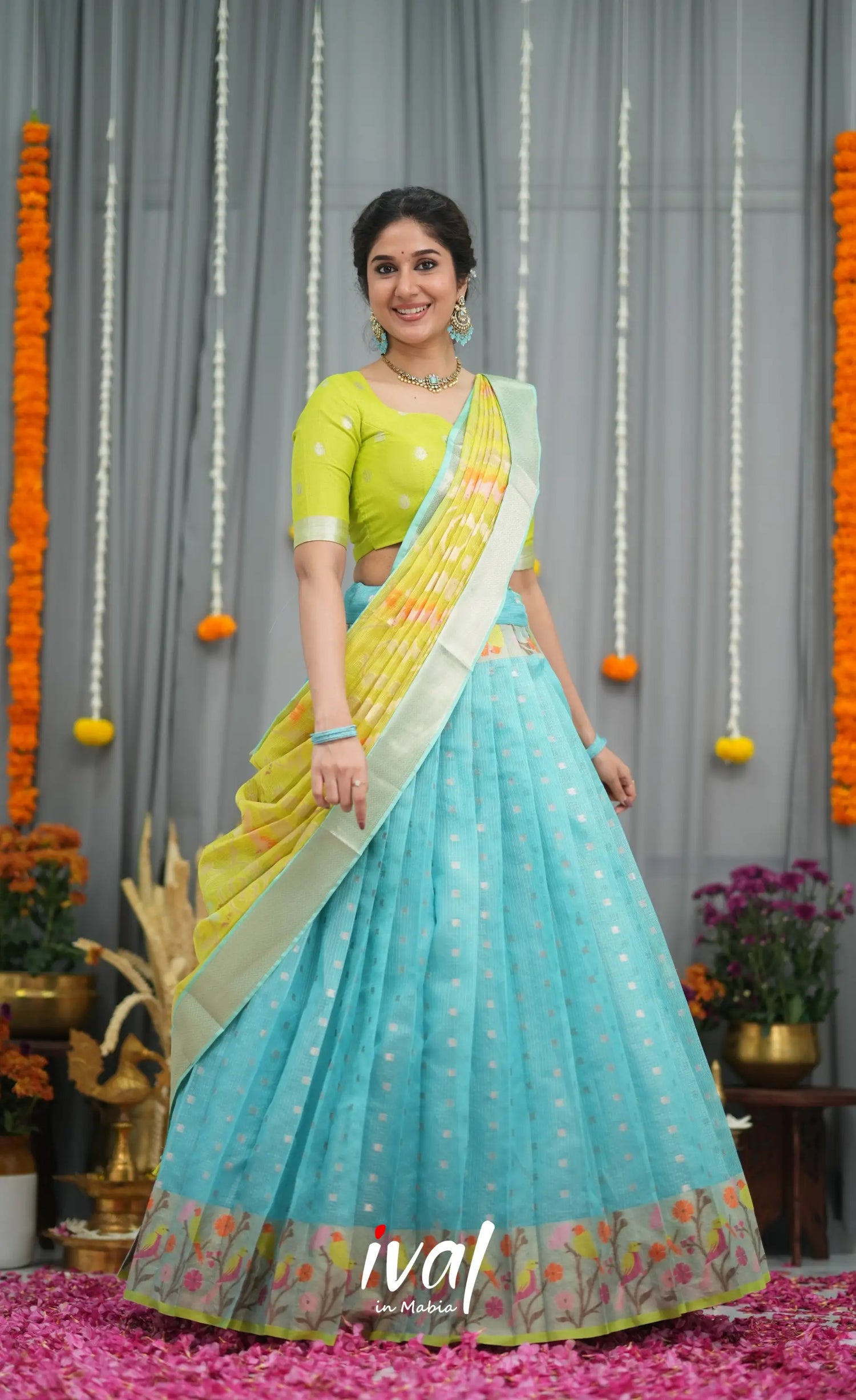 Sayuri Kota Halfsaree - Sky Blue and Neon Green Half Sarees