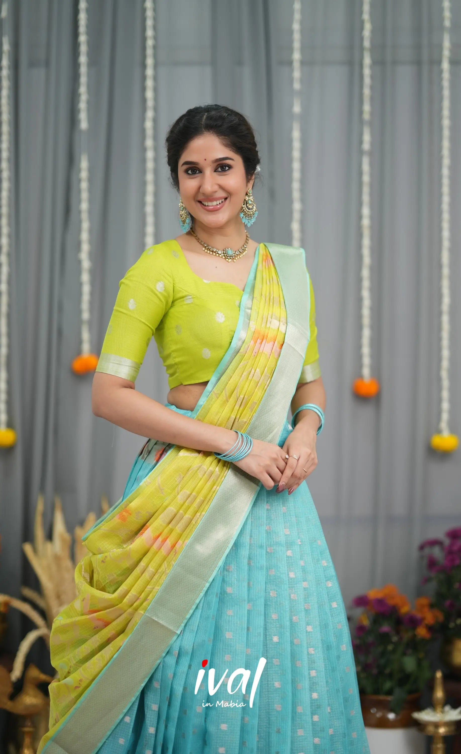 Sayuri Kota Halfsaree - Sky Blue and Neon Green Half Sarees