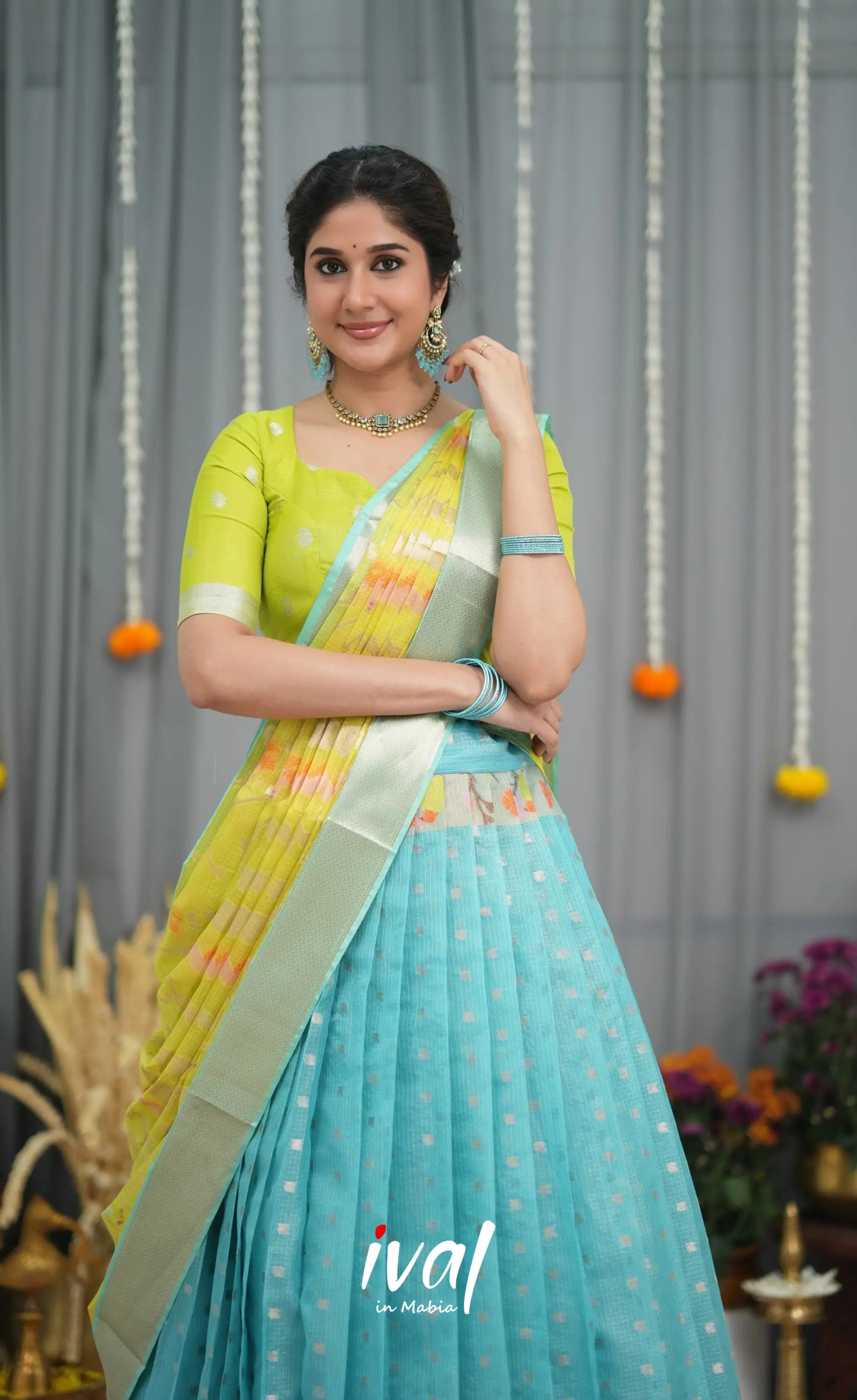 Sayuri Kota Halfsaree - Sky Blue and Neon Green Half Sarees