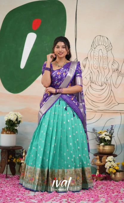 Sayuri Kota Halfsaree - Teal Blue and Purple - Half Sarees