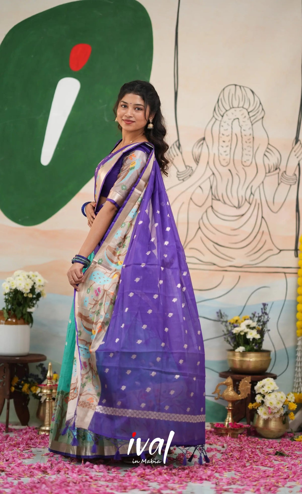 Sayuri Kota Halfsaree - Teal Blue and Purple - Half Sarees