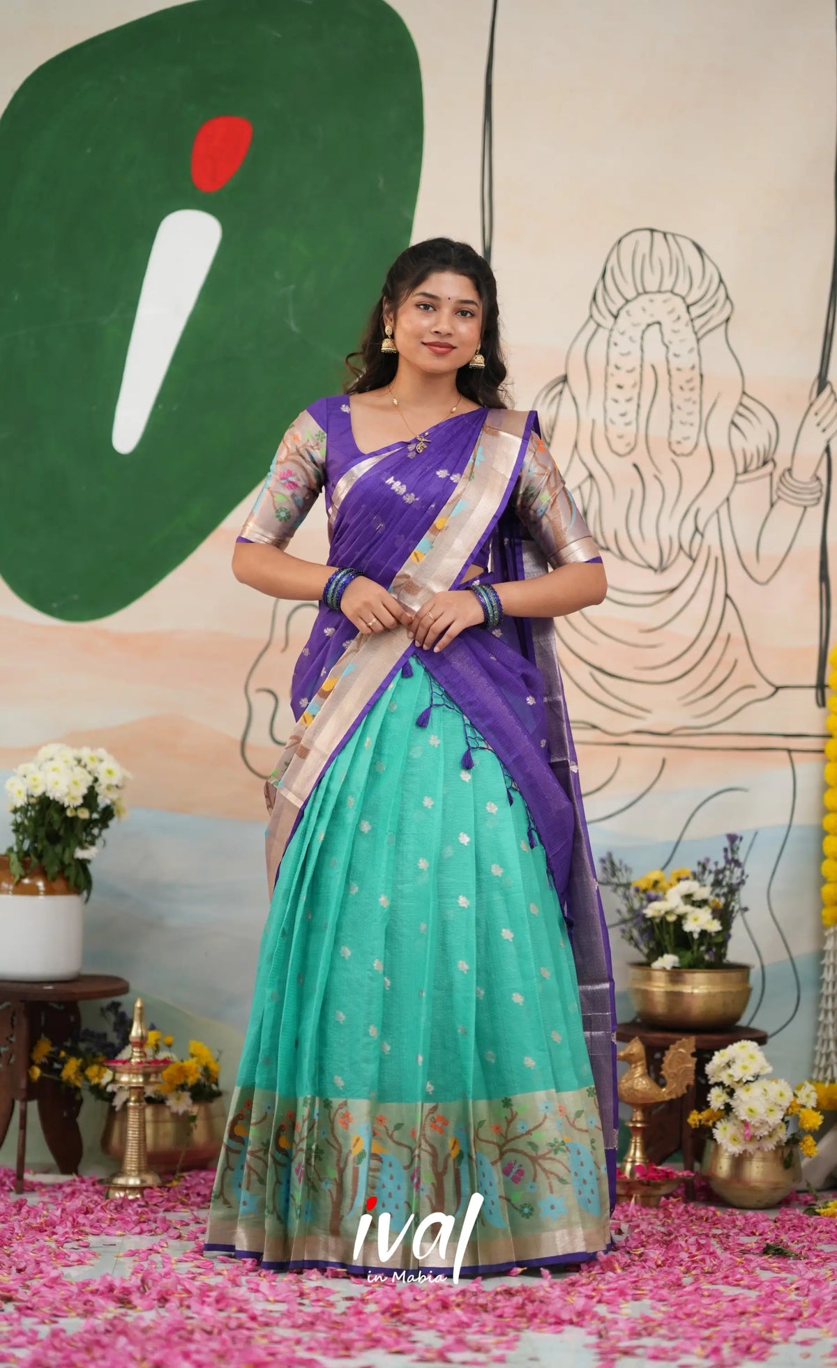 Sayuri Kota Halfsaree - Teal Blue and Purple - Half Sarees