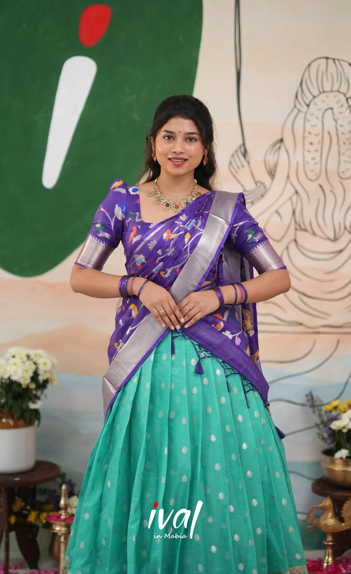 Sayuri Kota Halfsaree - Teal Blue and Purple - Half Sarees