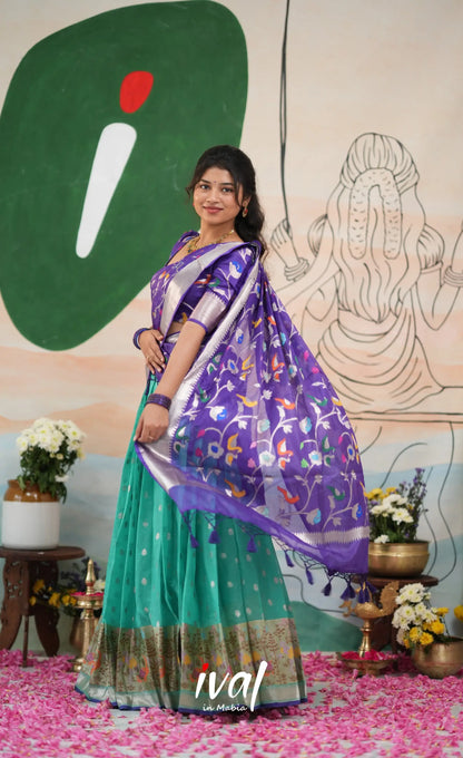 Sayuri Kota Halfsaree - Teal Blue and Purple - Half Sarees