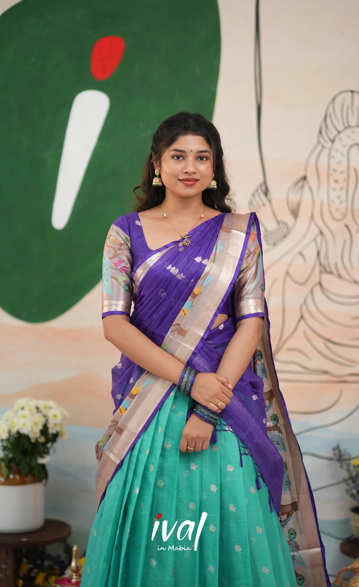 Sayuri Kota Halfsaree - Teal Blue and Purple - Half Sarees