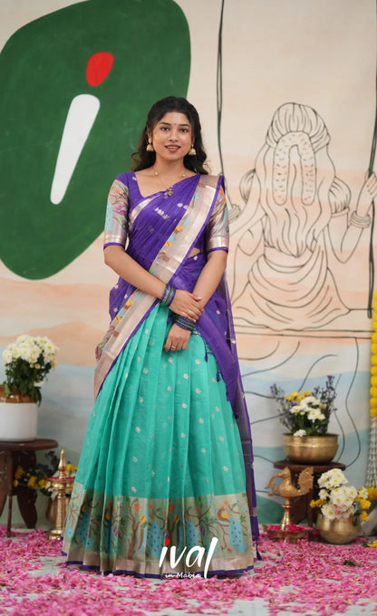 Sayuri Kota Halfsaree - Teal Blue and Purple - Half Sarees