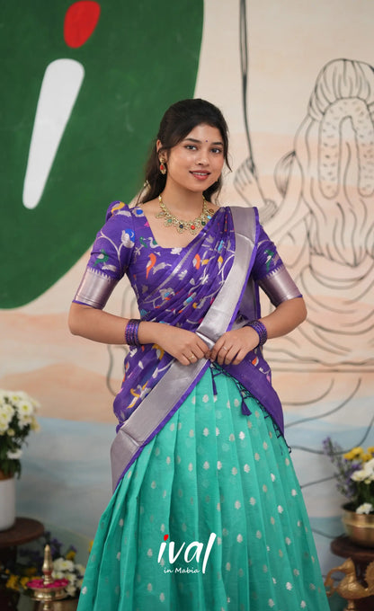 Sayuri Kota Halfsaree - Teal Blue and Purple - Half Sarees
