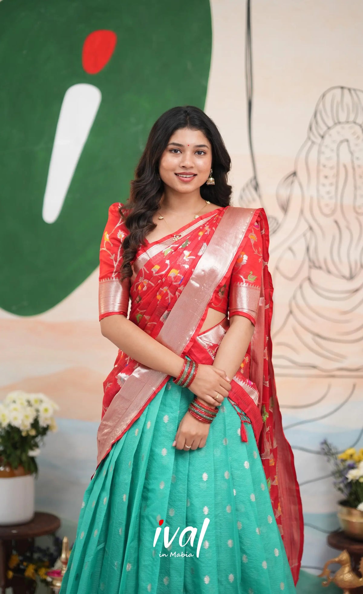 Sayuri Kota Halfsaree - Teal Blue and Red - Half Sarees