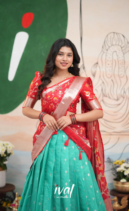 Sayuri Kota Halfsaree - Teal Blue and Red - Half Sarees