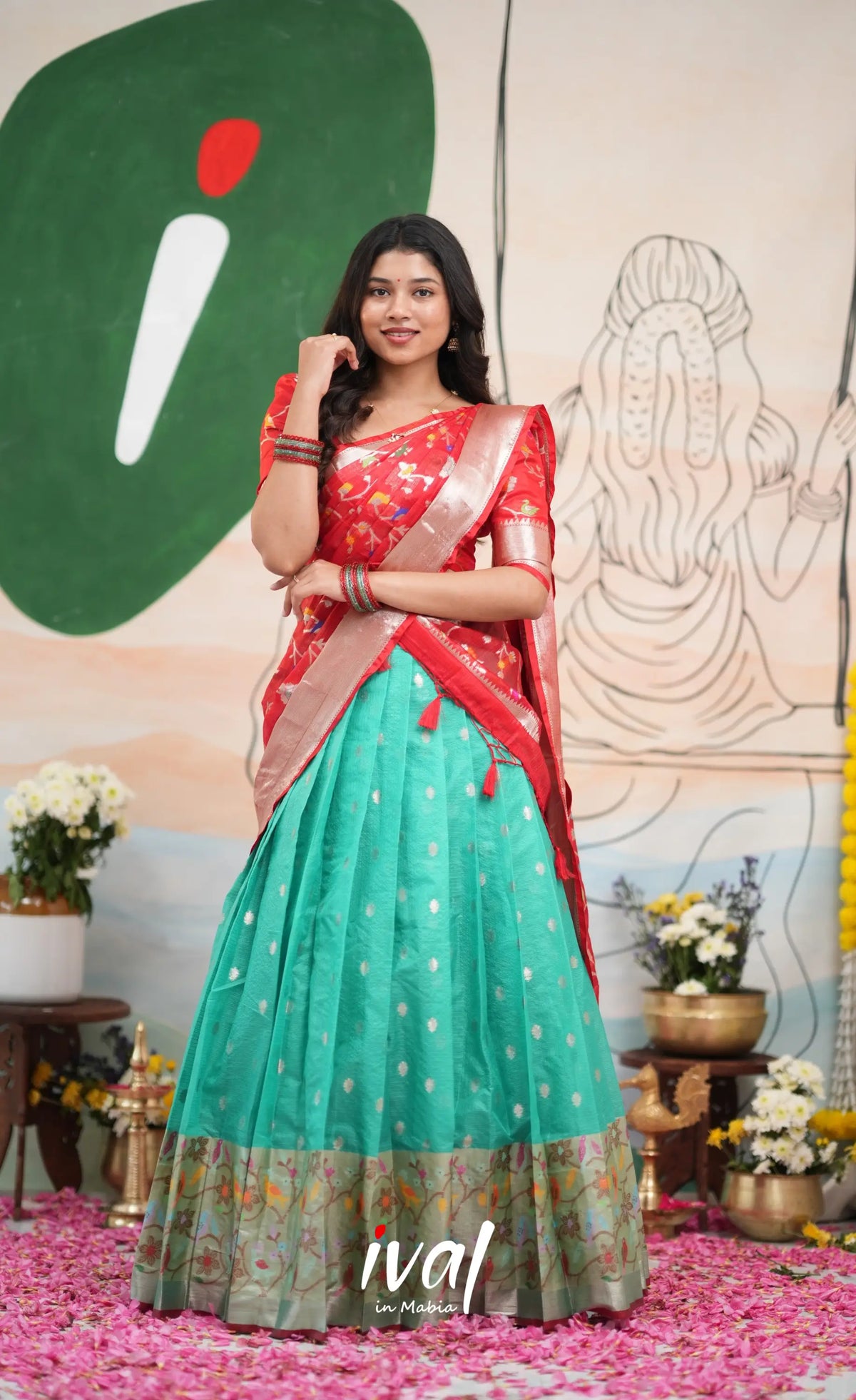 Sayuri Kota Halfsaree - Teal Blue and Red - Half Sarees