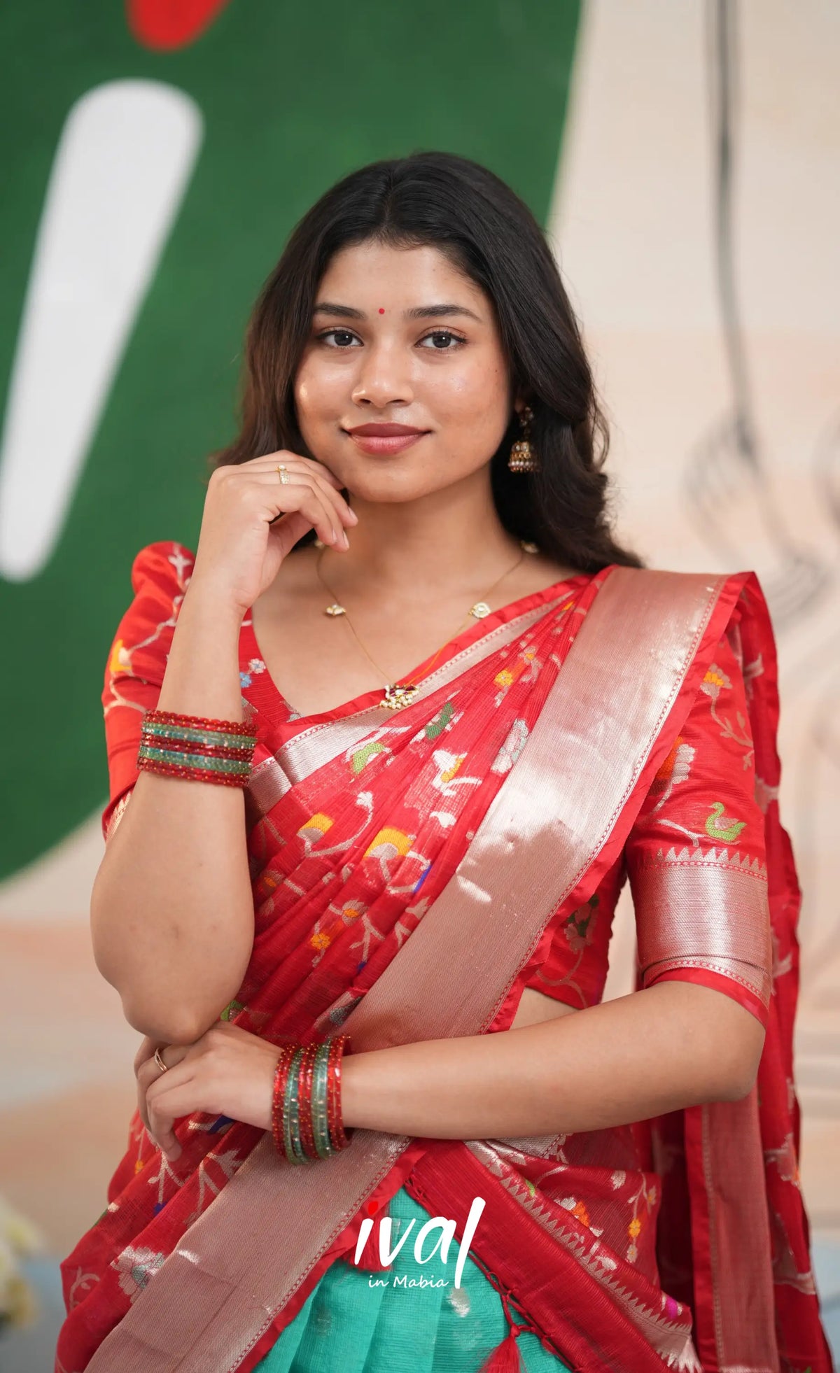 Sayuri Kota Halfsaree - Teal Blue and Red - Half Sarees