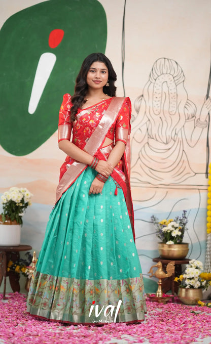 Sayuri Kota Halfsaree - Teal Blue and Red - Half Sarees