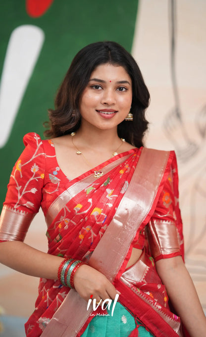 Sayuri Kota Halfsaree - Teal Blue and Red - Half Sarees