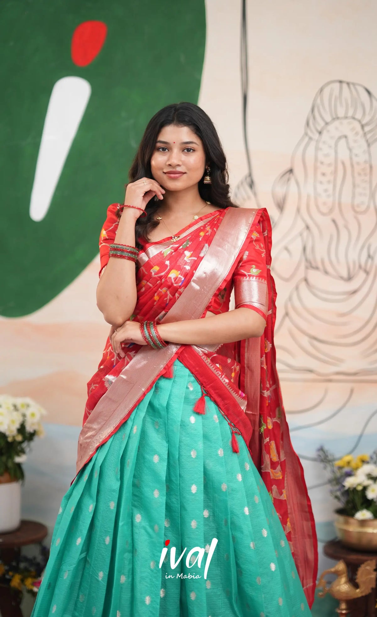 Sayuri Kota Halfsaree - Teal Blue and Red - Half Sarees