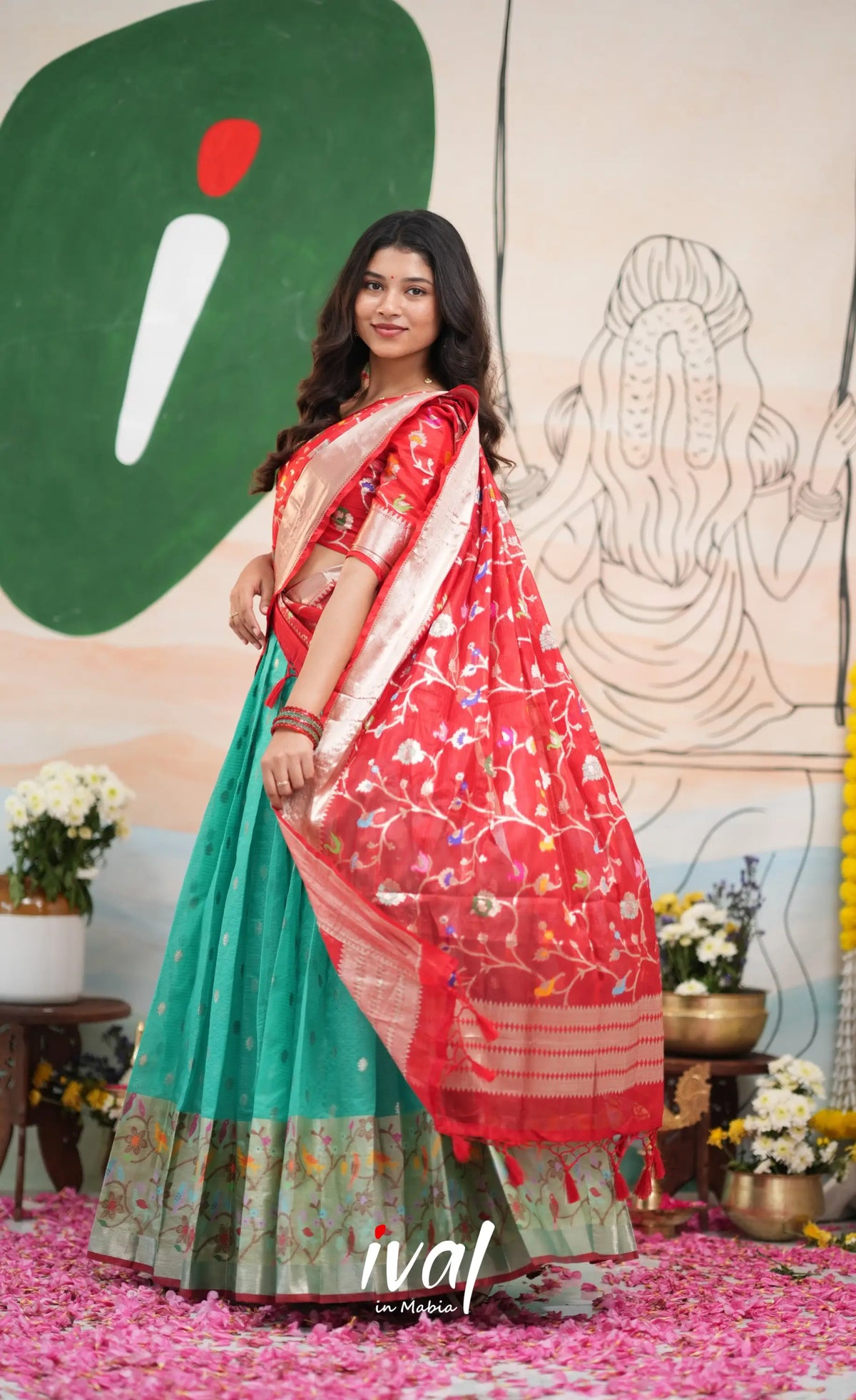 Sayuri Kota Halfsaree - Teal Blue and Red - Half Sarees