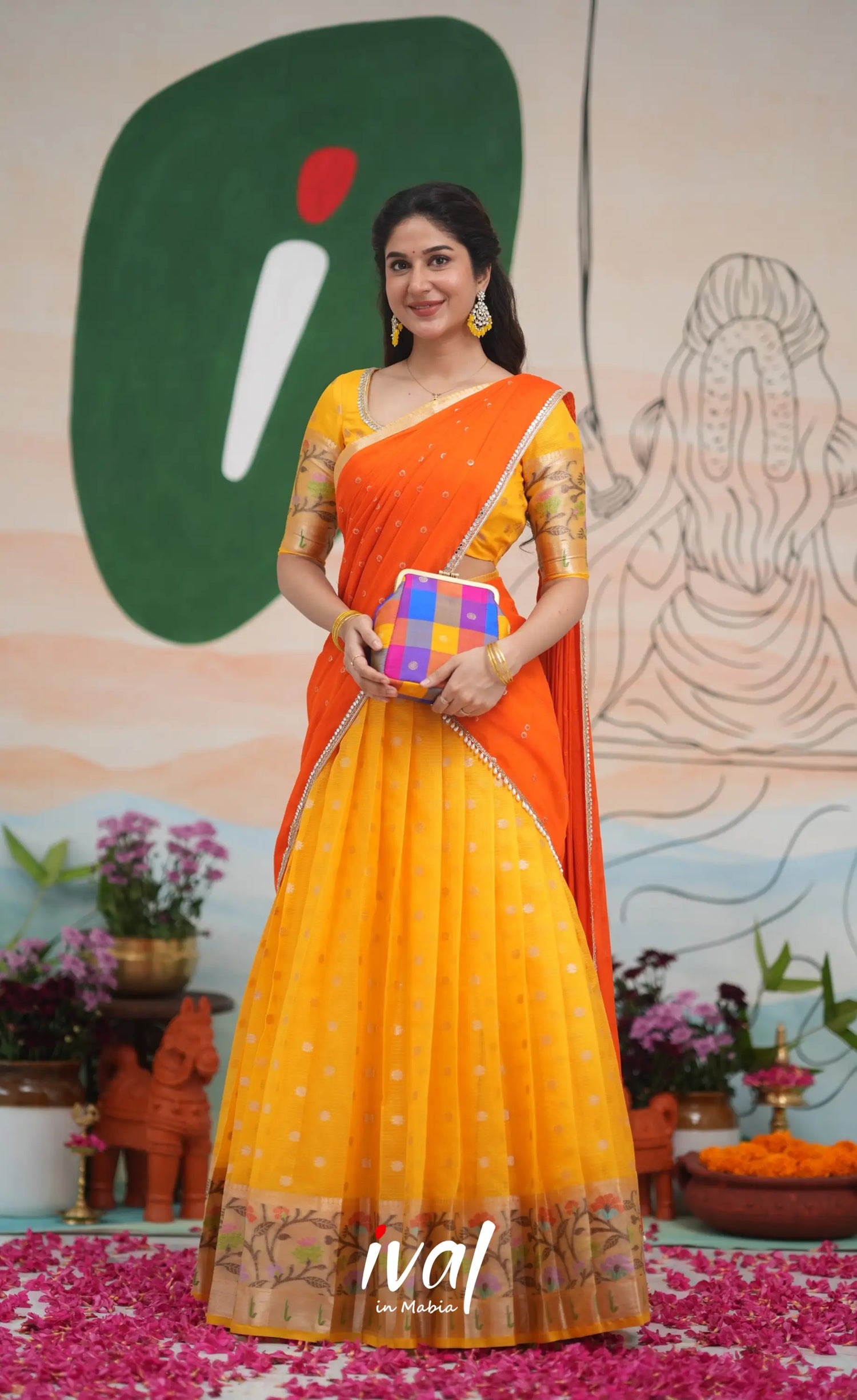 Sayuri Kota Halfsaree - Yellow and Bright Orange Half Sarees