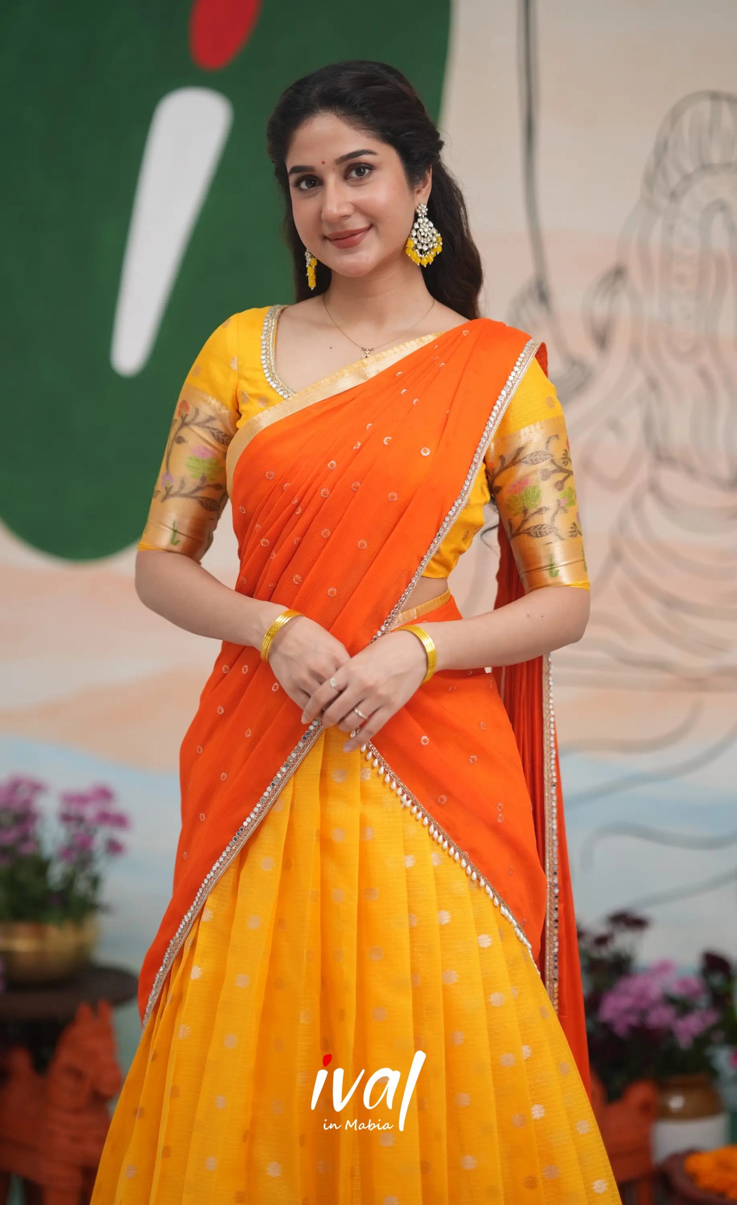 Sayuri Kota Halfsaree - Yellow and Bright Orange Half Sarees