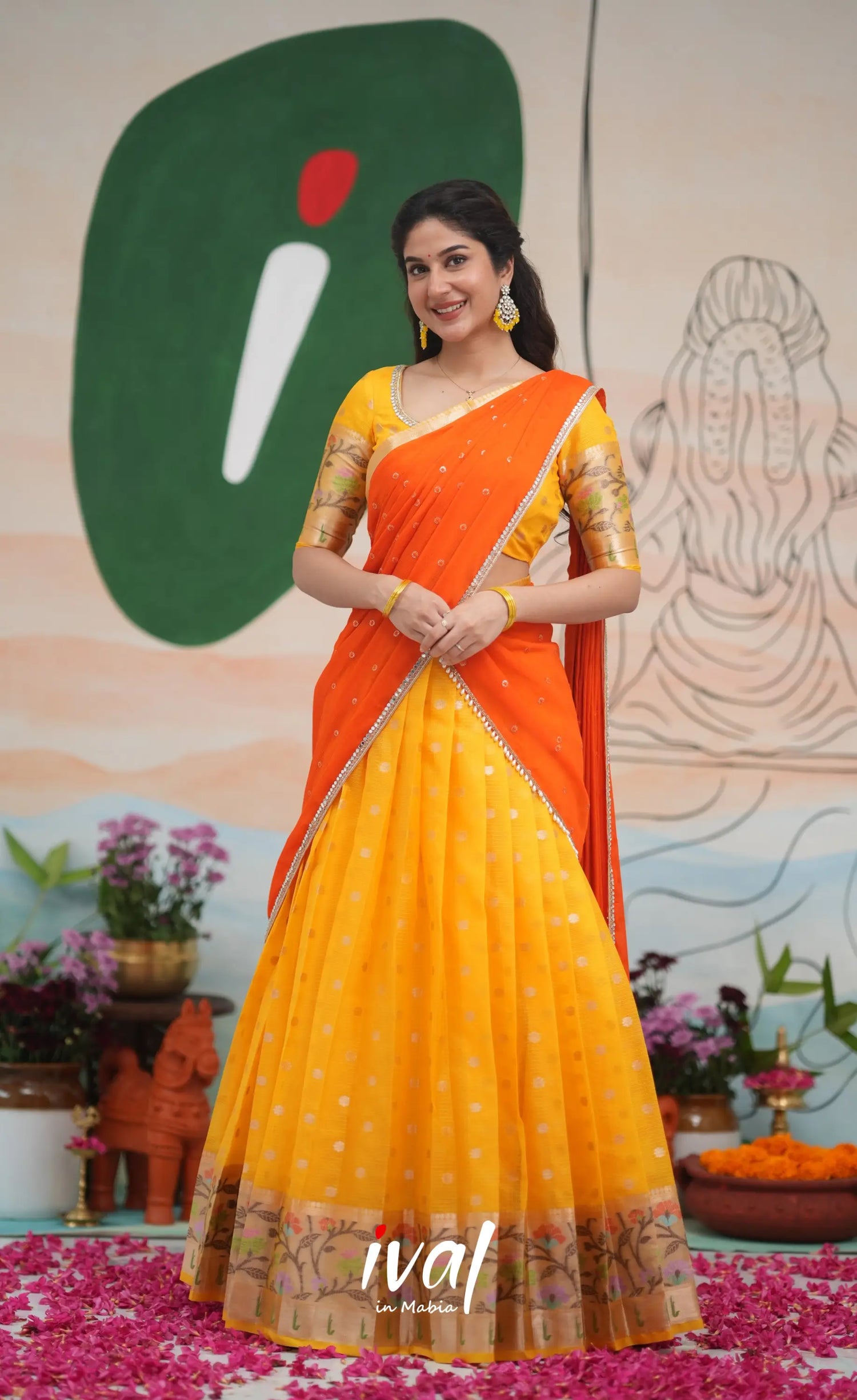 Sayuri Kota Halfsaree - Yellow and Bright Orange Half Sarees