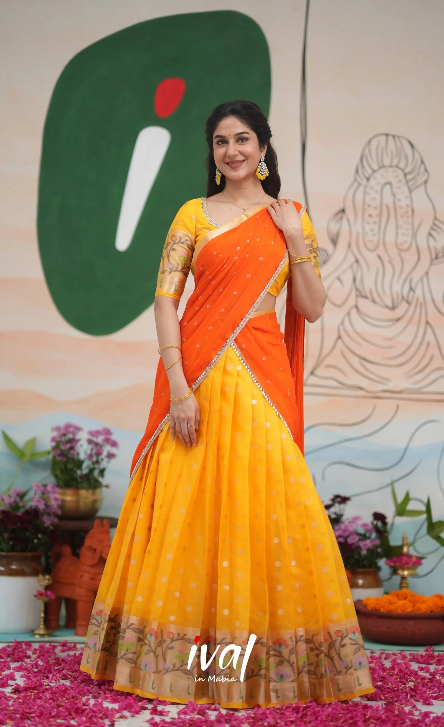 Sayuri Kota Halfsaree - Yellow and Bright Orange Half Sarees