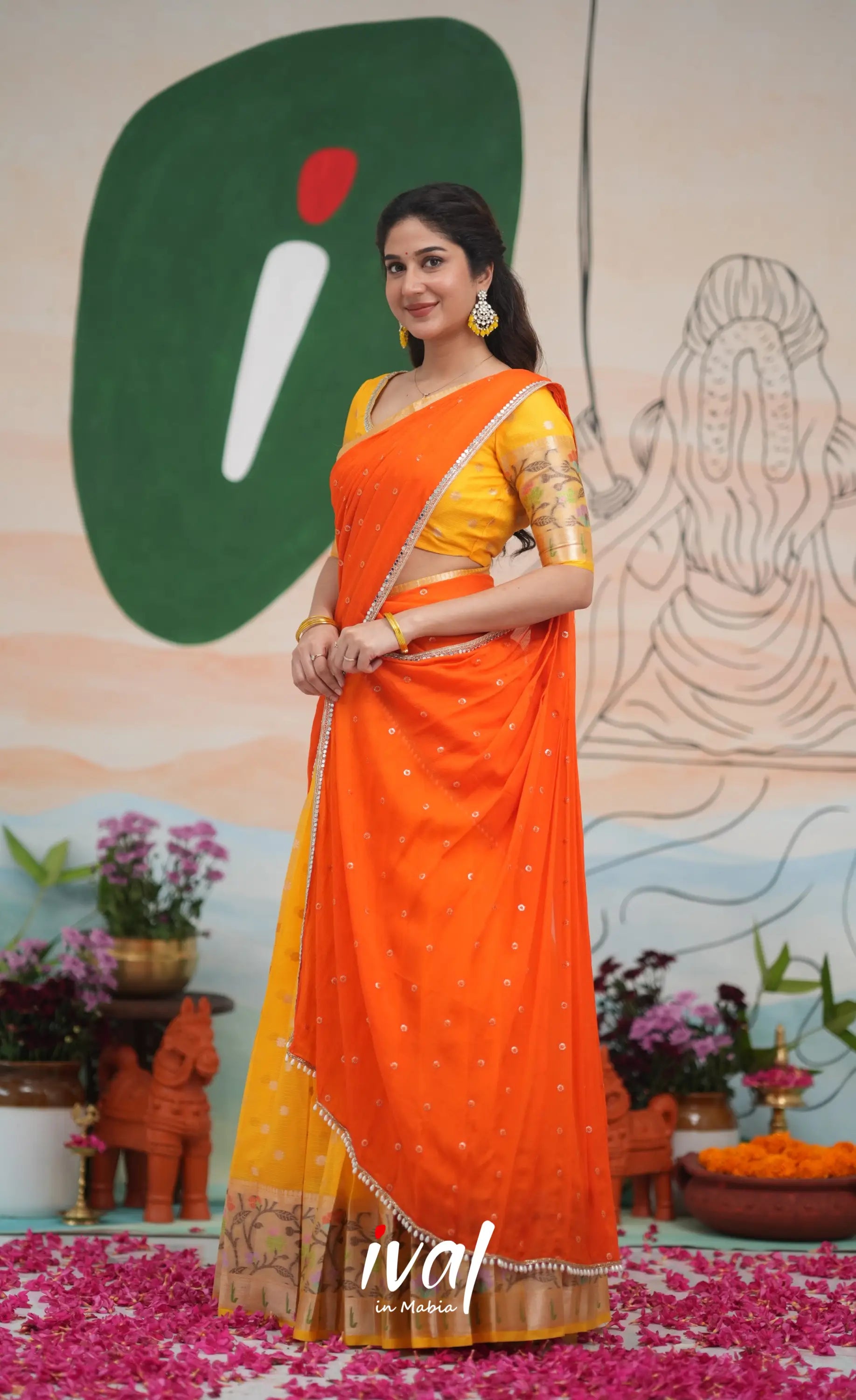 Sayuri Kota Halfsaree - Yellow and Bright Orange Half Sarees