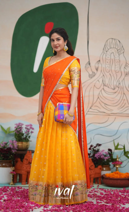 Sayuri Kota Halfsaree - Yellow and Bright Orange Half Sarees