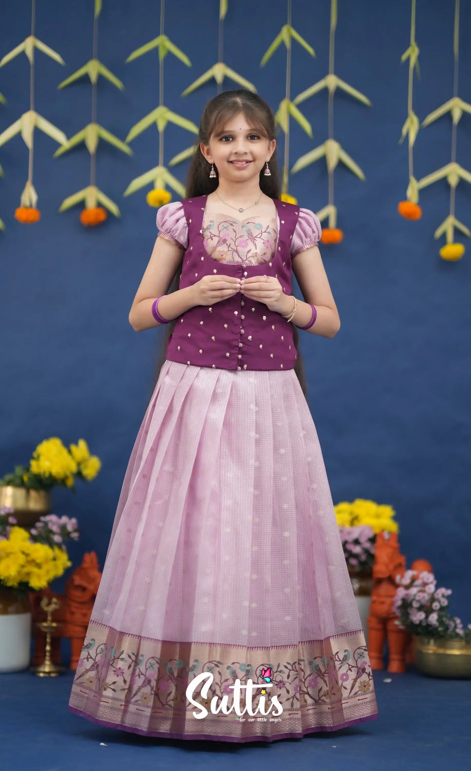Sayuri Lavender and Purple Paithani Kota Pavadai Sattai Kids-Suttis