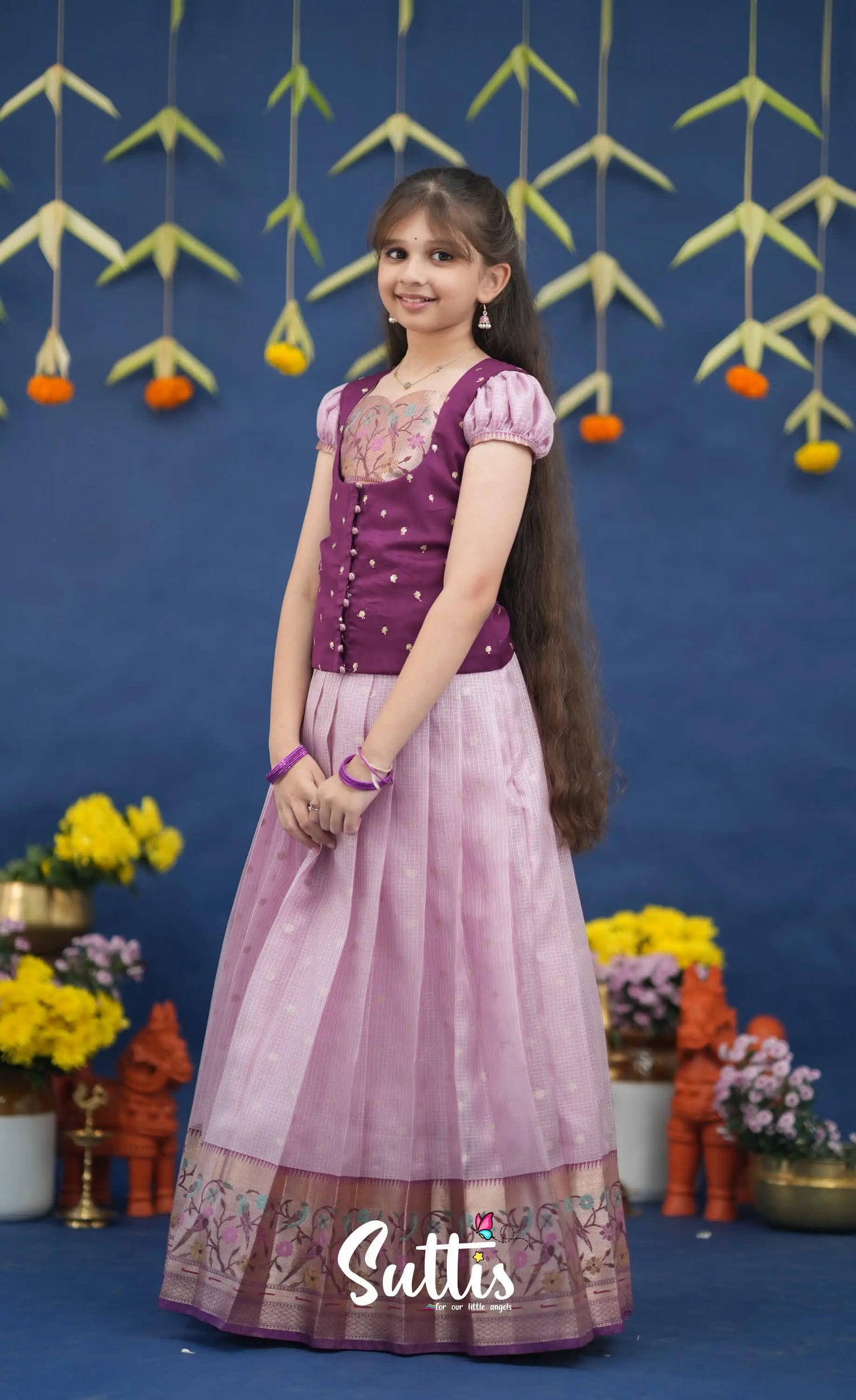 Sayuri Lavender and Purple Paithani Kota Pavadai Sattai Kids-Suttis