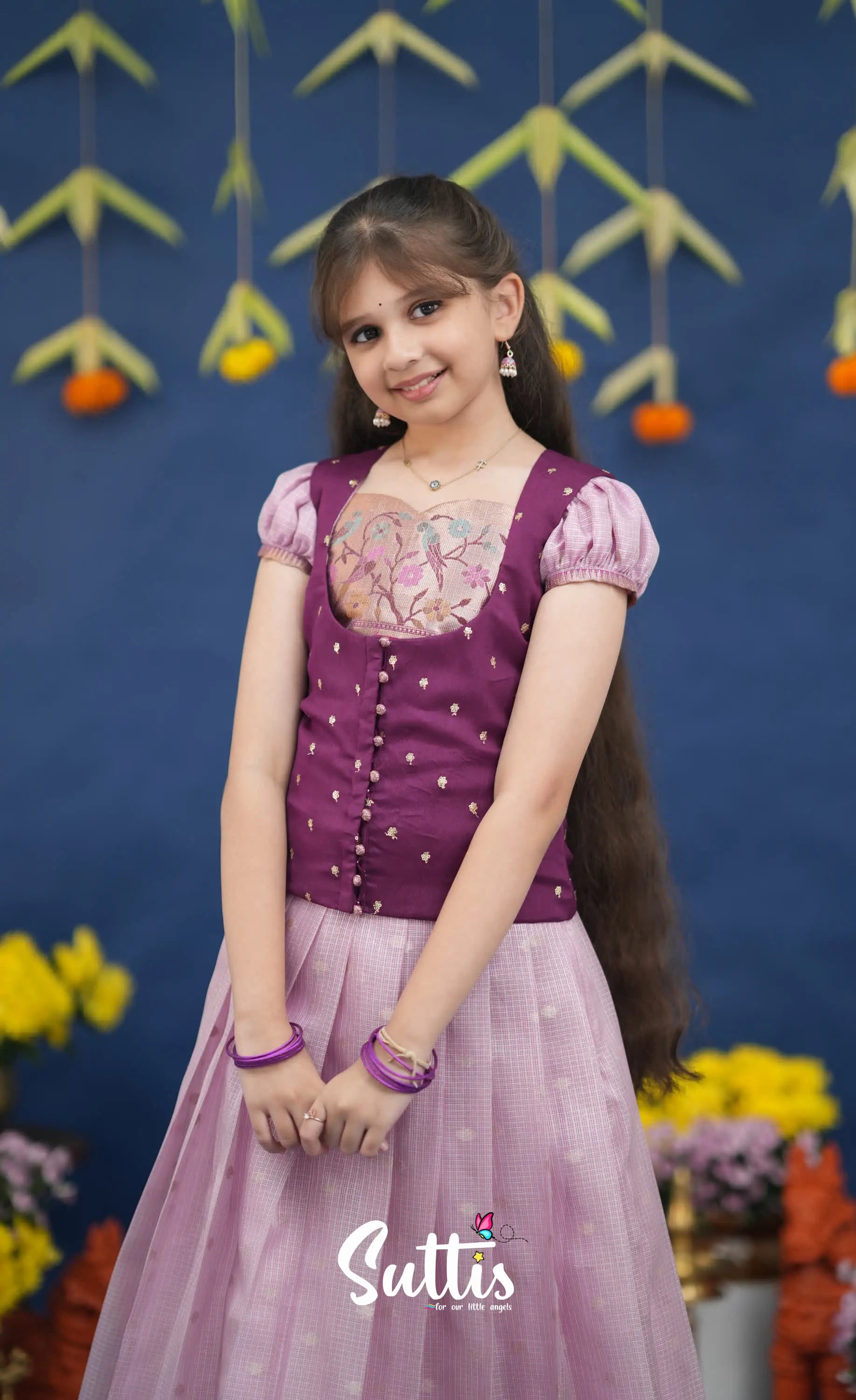 Sayuri Lavender and Purple Paithani Kota Pavadai Sattai Kids-Suttis