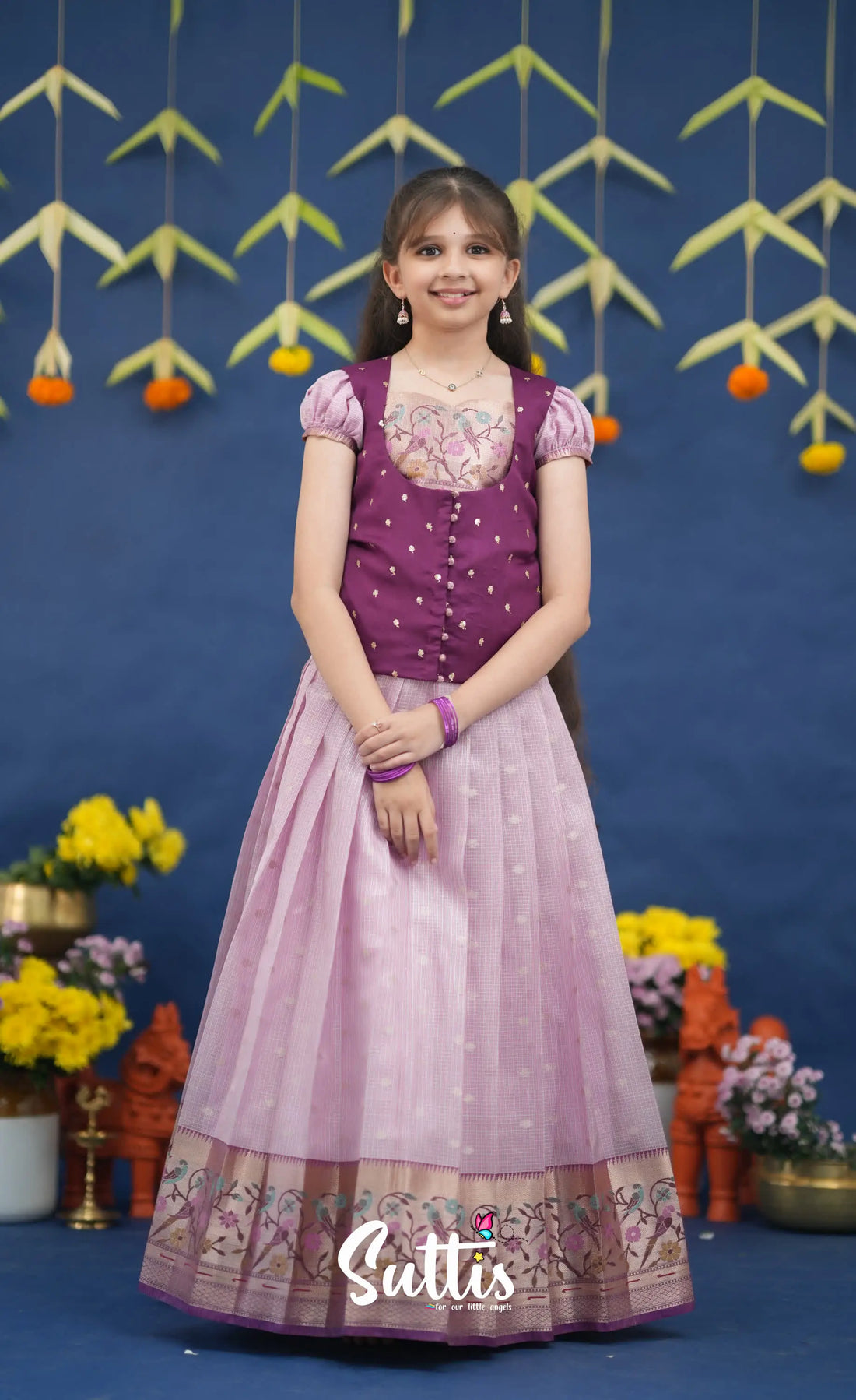 Sayuri Lavender and Purple Paithani Kota Pavadai Sattai Kids-Suttis