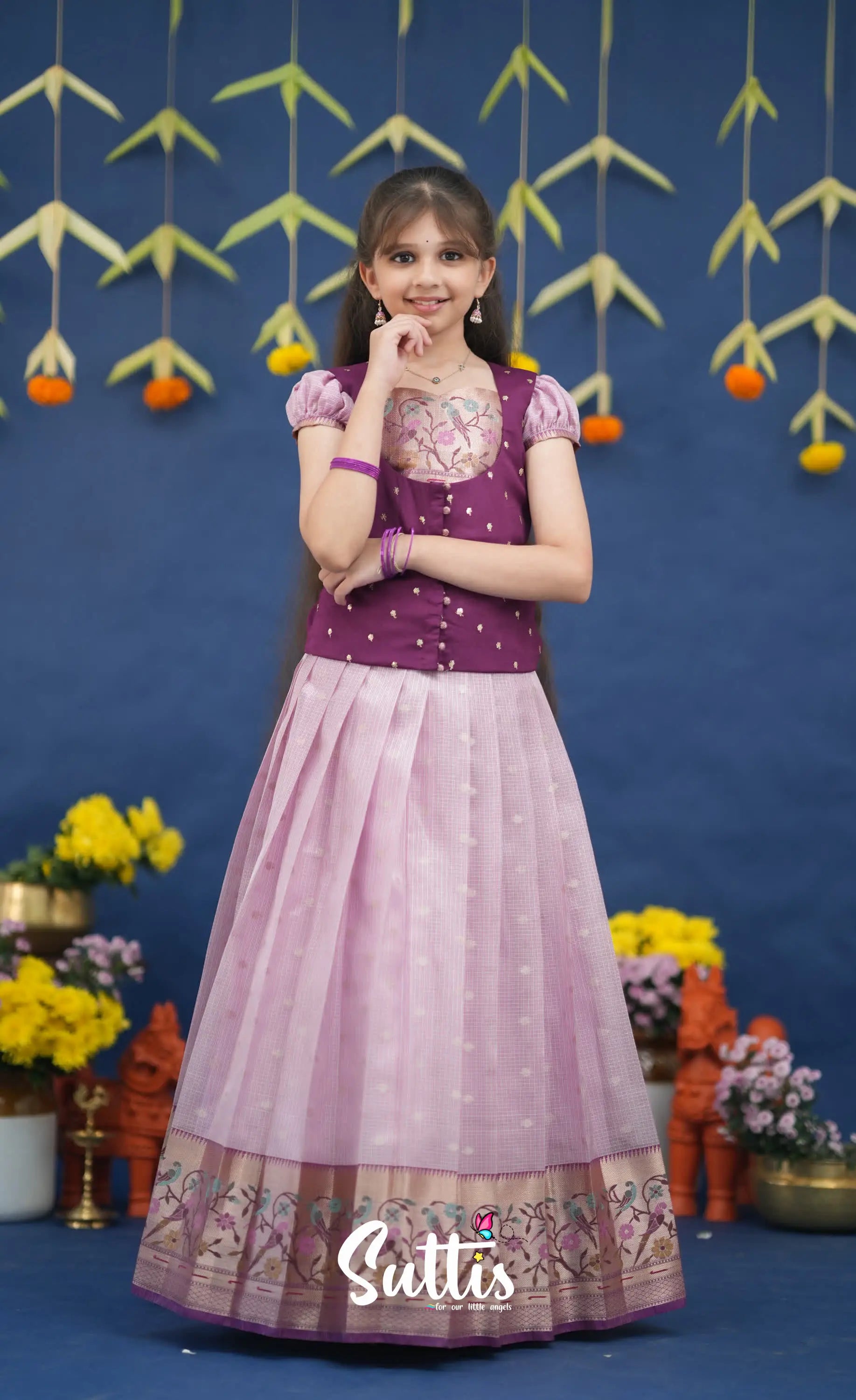 Sayuri Lavender and Purple Paithani Kota Pavadai Sattai Kids-Suttis