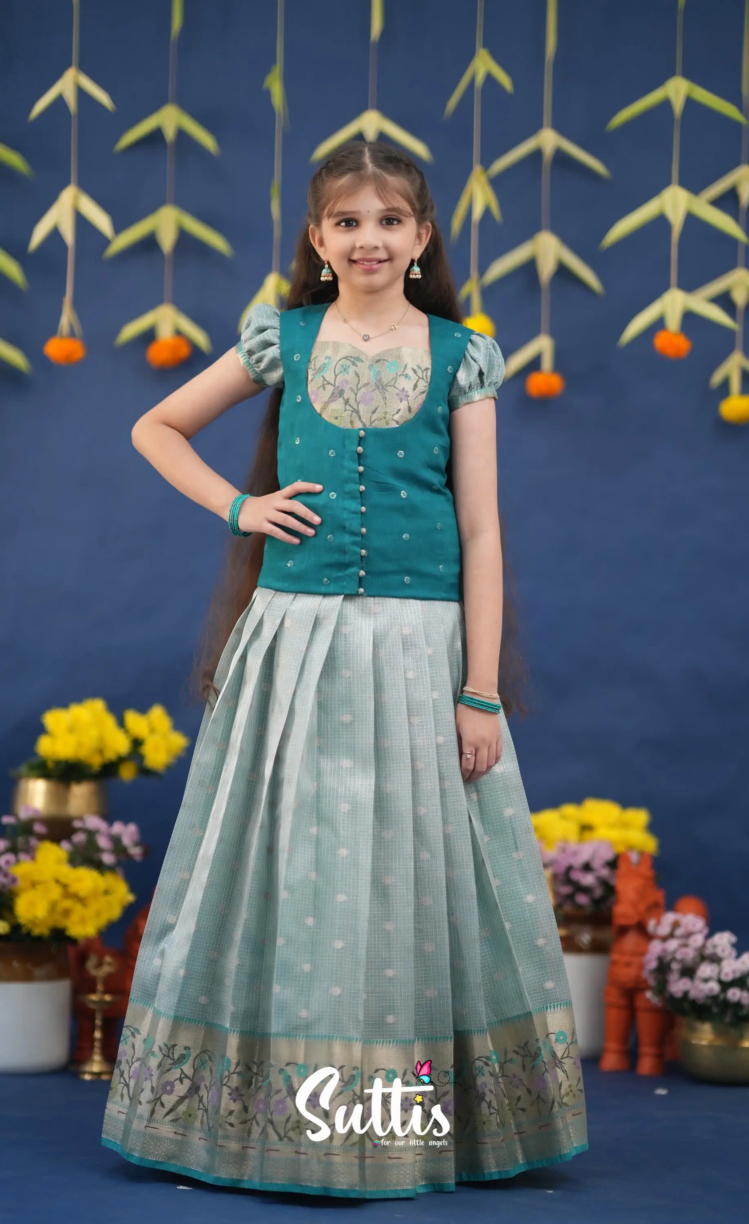 Sayuri Light Teal and dark Turquoise Kota Pavadai Sattai Kids-Suttis