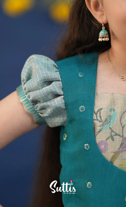 Sayuri Light Teal and dark Turquoise Kota Pavadai Sattai Kids-Suttis