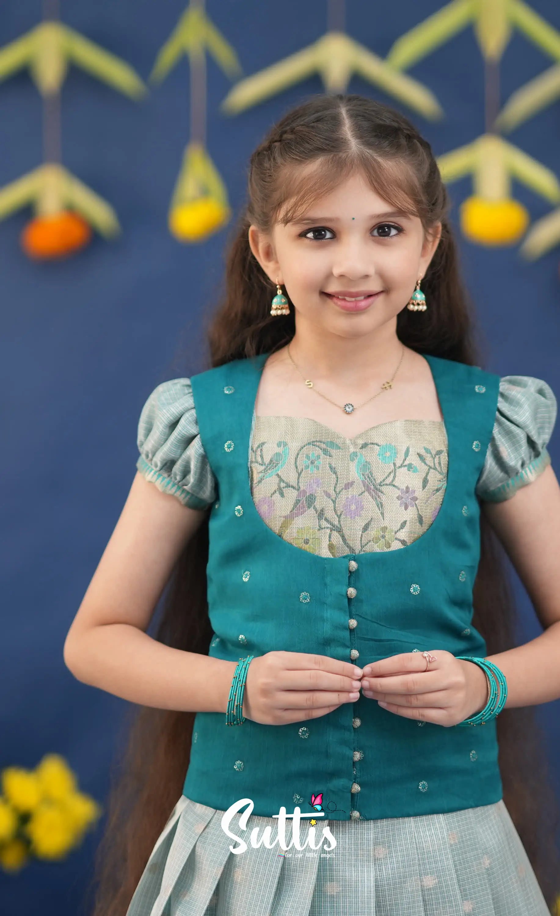 Sayuri Light Teal and dark Turquoise Kota Pavadai Sattai Kids-Suttis