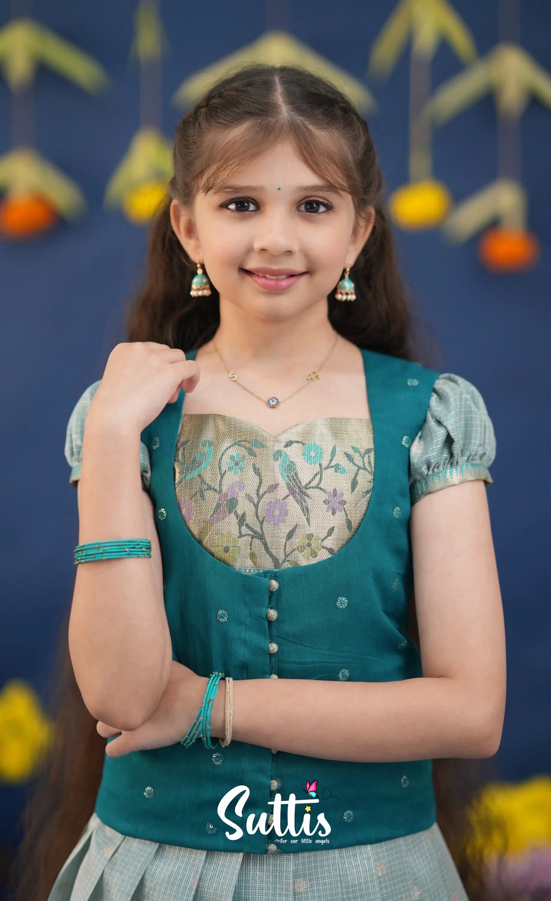 Sayuri Light Teal and dark Turquoise Kota Pavadai Sattai Kids-Suttis