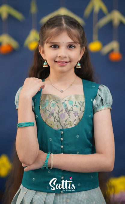 Sayuri Light Teal and dark Turquoise Kota Pavadai Sattai Kids-Suttis