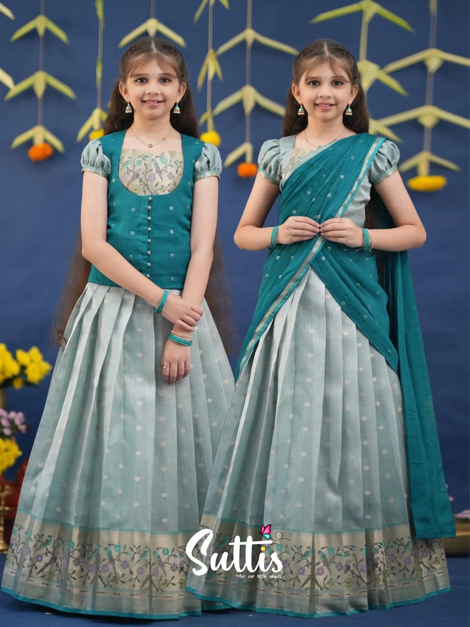 Sayuri Light Teal and dark Turquoise Kota Pavadai Sattai Kids-Suttis
